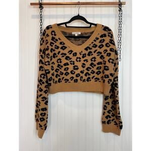 Wild Honey Cropped Balloon Sleeve Sweater Brown & Black Animal Leopard Size S